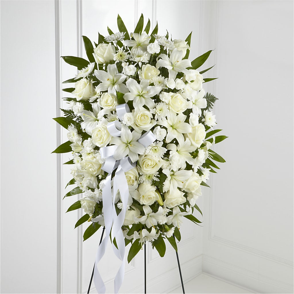 Exquisite Tribute Standing Spray-White Ribbon – Albertsons Floral #0199, Boise ID