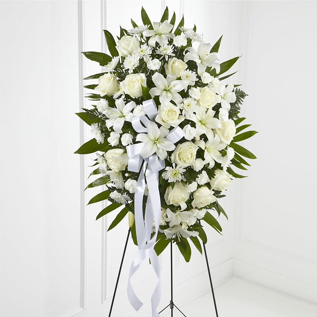Exquisite Tribute Standing Spray-White Ribbon – Albertsons Floral #0199, Boise ID